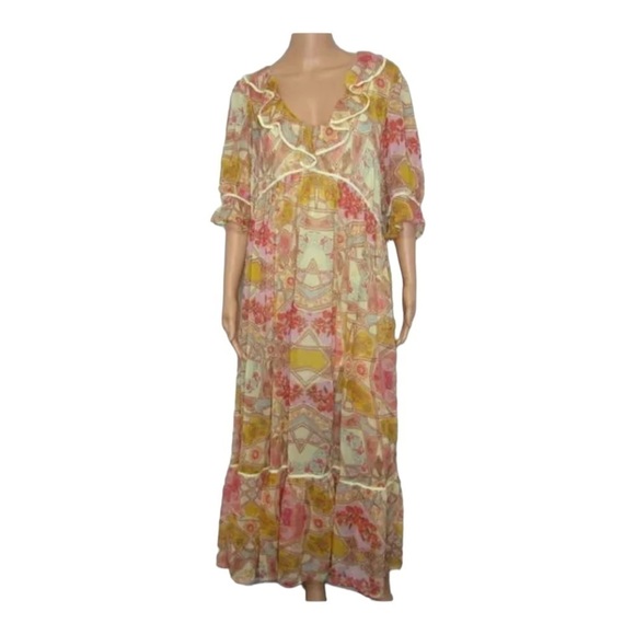 NWT FREE PEOPLE Carmella Ruffle Maxi Dress Tea Combo Medium - Picture 6 of 10